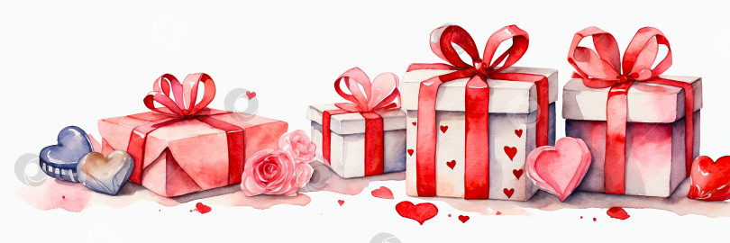 Скачать Акварельная коробка с подарком на день Святого Валентина и сердечками на белом фоне. Любовный фон, поздравительная открытка, приглашение на свидание, свадьба. Баннер. Сгенерирован искусственным интеллектом фотосток Ozero