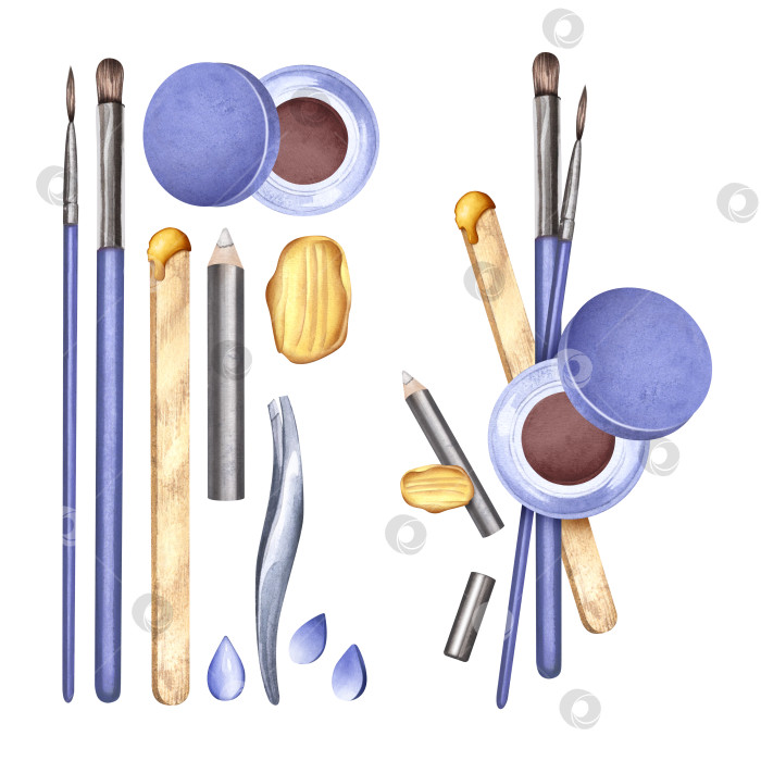 Скачать Набор косметических инструментов. Формирование бровей. Выщипывание волос, тонирование бровей. Эпиляция воском. Акварельная иллюстрация. Концепция красоты и моды фотосток Ozero