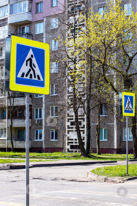 Скачать Синие знаки пешеходных переходов в городе летом фотосток Ozero