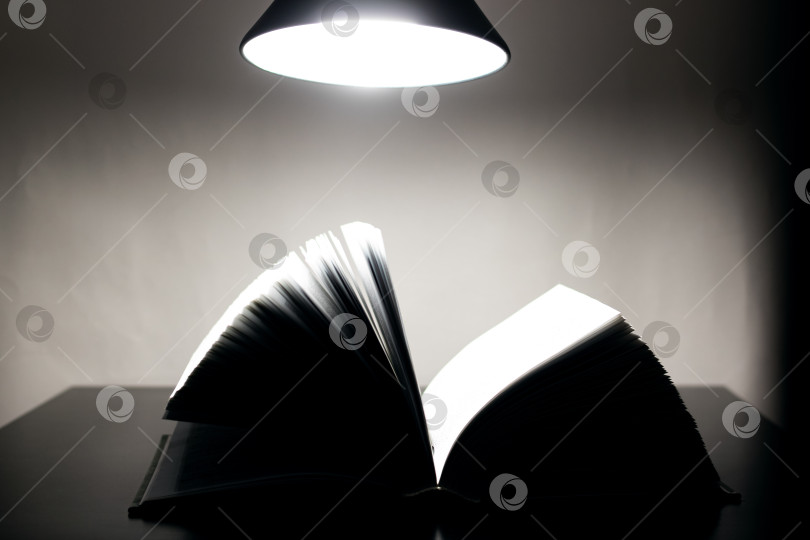 Скачать Открытая книга на настольной лампе в темноте фотосток Ozero