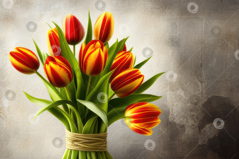 Скачать Букет из свежих натуральных желтых и красных цветов тюльпана в вазе на фоне темного фотосток Ozero