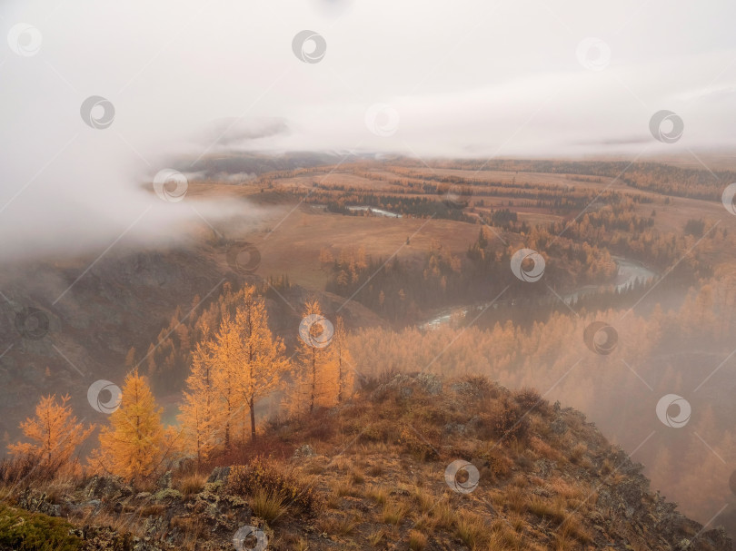 Скачать Густые снежные облака плывут над осенней лесистой горной долиной фотосток Ozero