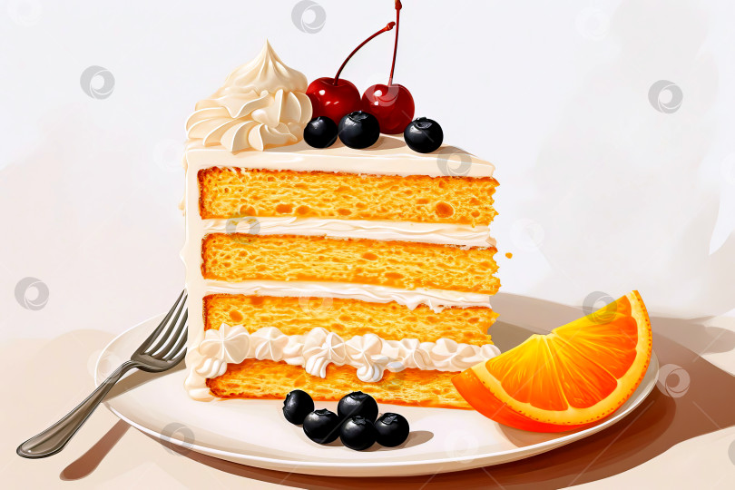 Скачать Иллюстрация красивого бисквитного торта со взбитыми сливками и вишней, черникой, долькой апельсина. Создан искусственный интеллект. фотосток Ozero