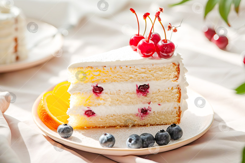 Скачать Порция красивого бисквитного торта со взбитыми сливками и ягодами. Искусственный интеллект сгенерирован. фотосток Ozero