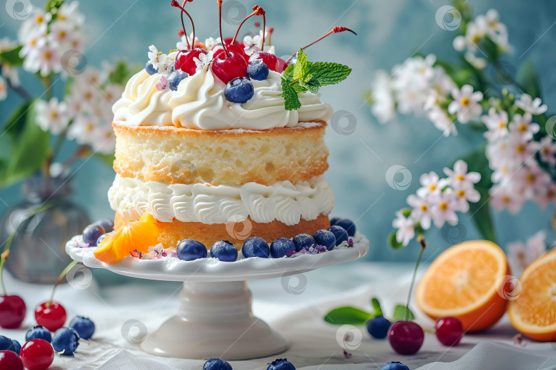 Скачать Красивый бисквитный торт со взбитыми сливками и ягодами. Искусственный интеллект сгенерирован. фотосток Ozero