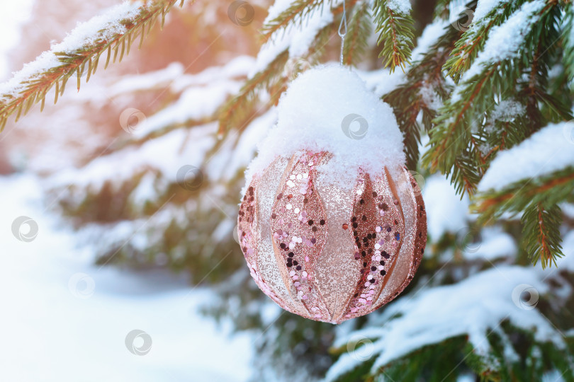 Скачать Новогодняя игрушка в снегу, висящая на рождественской елке фотосток Ozero