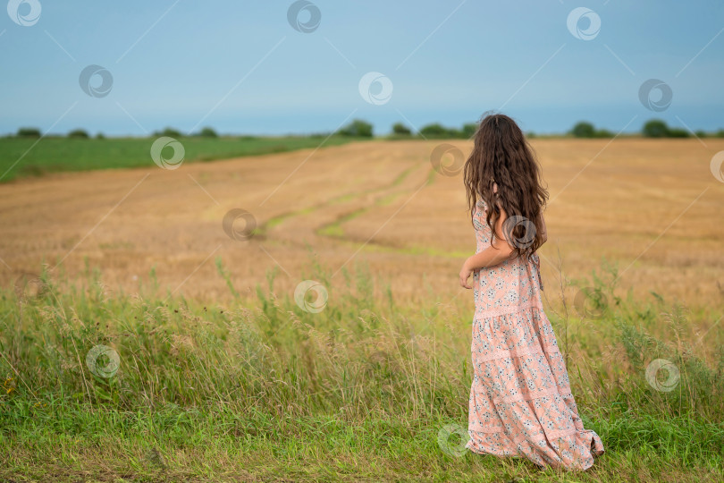 Скачать Красивая молодая девушка, идущая по полю. Девушка в деревенском платье с длинными волосами стоит спиной к камере фотосток Ozero