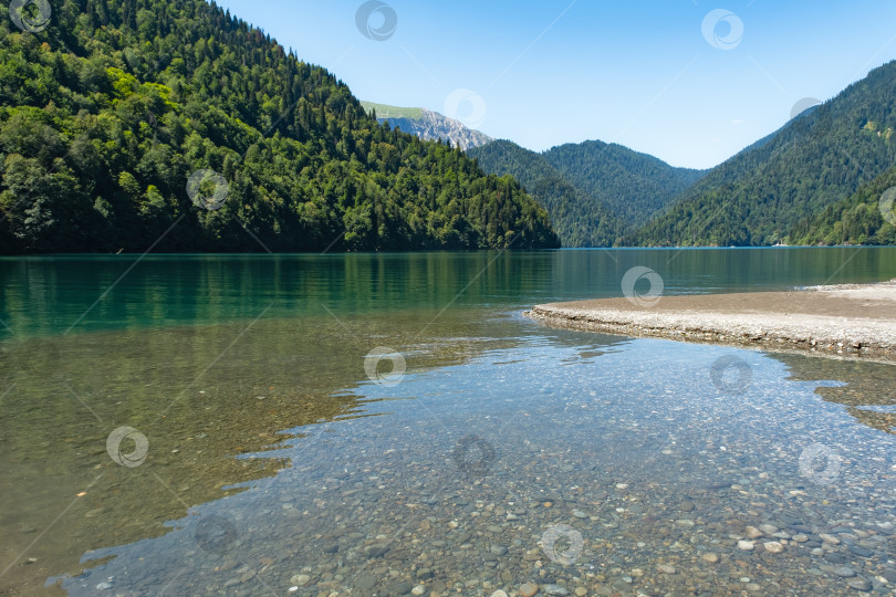 Скачать Красивое горное озеро Рица. Озеро Рица в горах Кавказа, в северо-западной части Абхазии, Грузия, окружено смешанными горными лесами и субальпийскими лугами фотосток Ozero