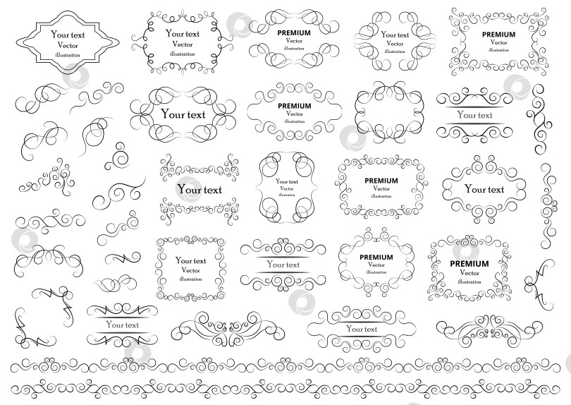 Скачать Элементы каллиграфического дизайна. Декоративные завитки или завитушки, винтажные рамки, росчерки, этикетки и разделители. Ретро векторная иллюстрация. фотосток Ozero