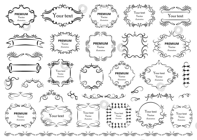 Скачать Элементы каллиграфического дизайна. Декоративные завитки или завитушки, винтажные рамки, росчерки, этикетки и разделители. Ретро векторная иллюстрация. фотосток Ozero