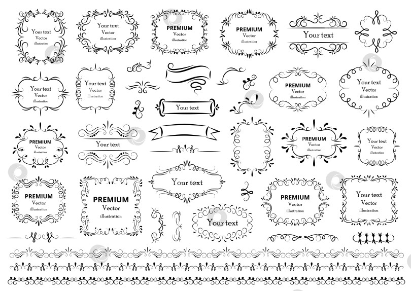 Скачать Элементы каллиграфического дизайна. Декоративные завитки или завитушки, винтажные рамки, росчерки, этикетки и разделители. Ретро векторная иллюстрация. фотосток Ozero