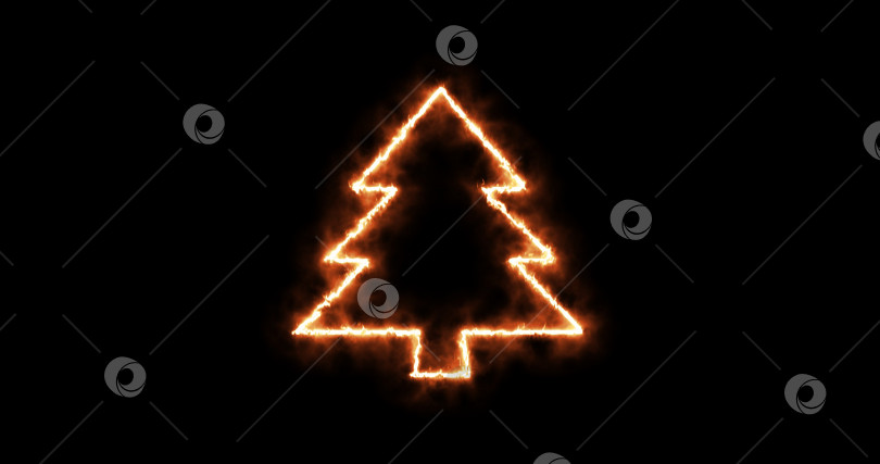 Скачать Силуэт горящей оранжевым огнем неоновой рождественской елки из сосны, выделяющийся на черном фоне, элемент дизайна в виде ели. 3d-изображение фотосток Ozero