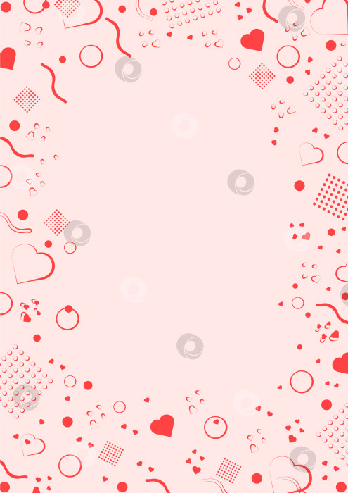 Скачать Рамка в стиле Мемфис с геометрическими фигурами и сердечками красного цвета на нежно розовом фоне. Шаблон с местом для текста. Шаблон для поста, для рекламы, объявления, заставки, брошюры, обложки и т.п. фотосток Ozero