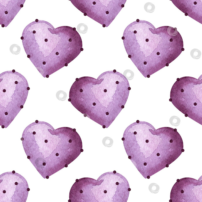 Скачать Бесшовный узор из фиолетовых остроконечных сердечек. Орнамент в виде сердца. день святого Валентина. Сладости для влюбленных. Акварельная иллюстрация для оформления фона, упаковки, текстиля фотосток Ozero