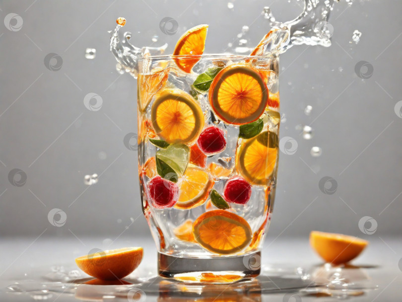 Скачать Летний апельсиновый лимонад. лайм, апельсин с брызгами, падающими в стеклянный бокал фотосток Ozero