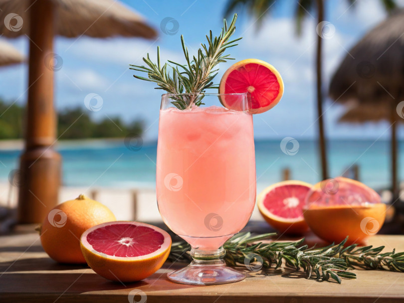 Скачать Грейпфрутовый летний коктейль с ломтиком грейпфрута и розмарином на фоне моря на деревянном столе фотосток Ozero