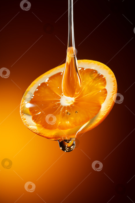 Скачать Прозрачная капля сыворотки, масло с витамином С стекает по апельсину фотосток Ozero