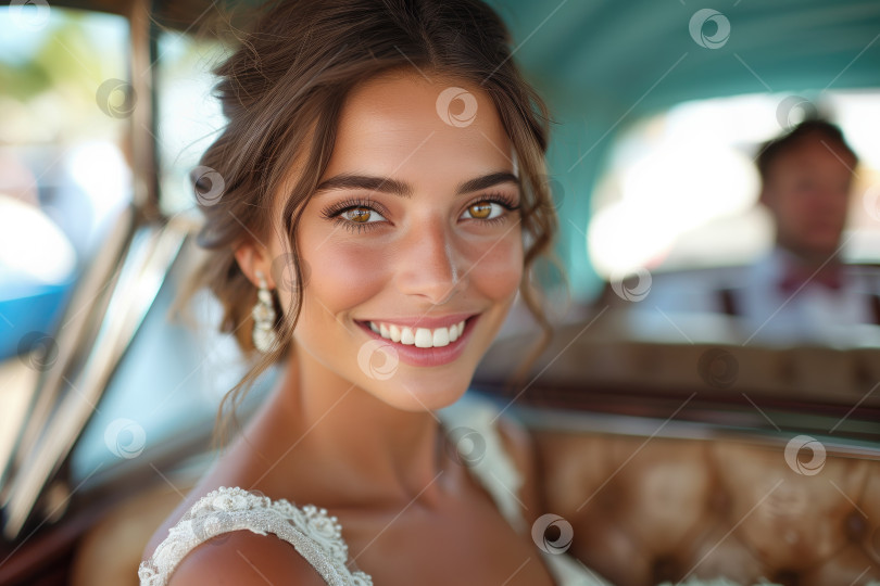 Скачать счастливая девушка в платье невесты в лимузине фотосток Ozero