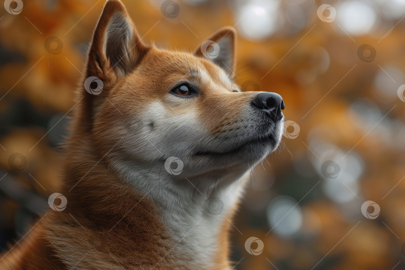 Скачать портрет собаки породы Сиба-ину, созерцающей осенний пейзаж фотосток Ozero