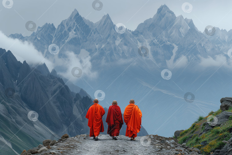 Скачать три буддийских монаха идут по горной дороге фотосток Ozero