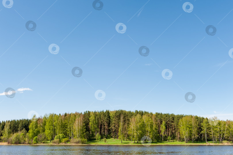 Скачать Яркий летний пейзаж с прекрасным озером и голубым небом с облаками. фотосток Ozero