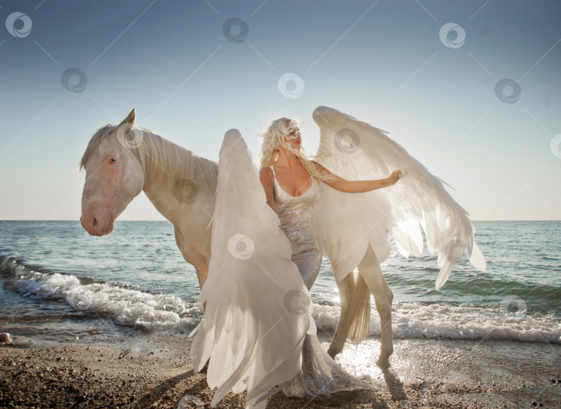 Скачать симпатичная молодая леди катается верхом на лошади по пляжу ранним утром фотосток Ozero