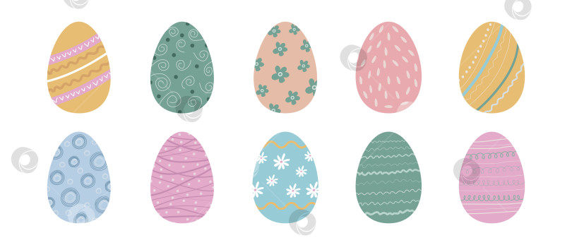 Скачать Набор пасхальных яиц, нарисованных и раскрашенных вручную. Пасхальные яйца на белом фоне. фотосток Ozero
