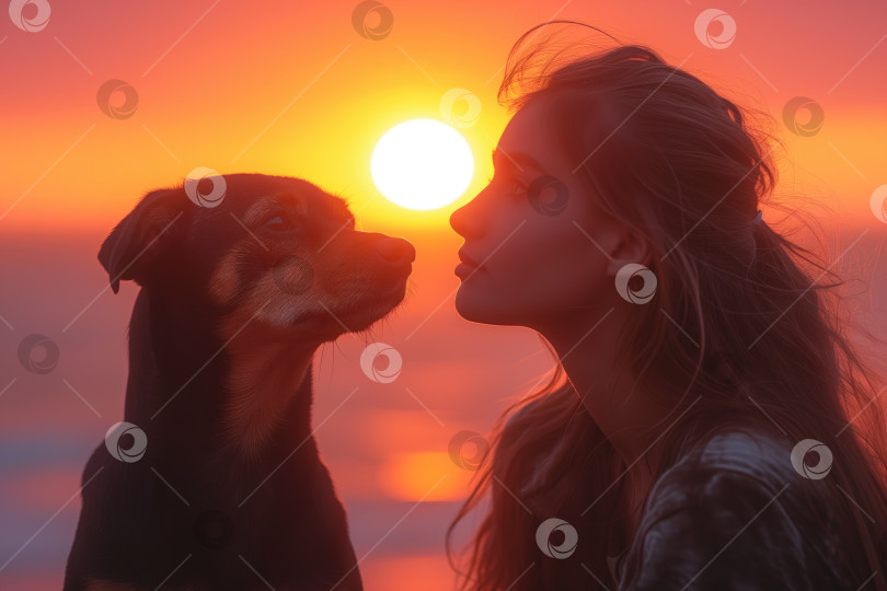 Скачать собака и ее хозяин на берегу моря на фоне заката фотосток Ozero