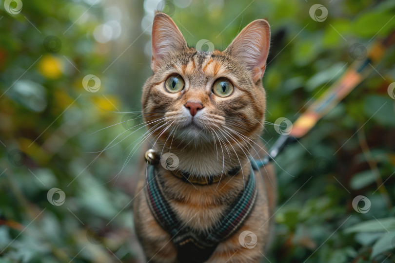 Скачать кошка в шлейке и на поводке гуляет по лесу со своим хозяином фотосток Ozero