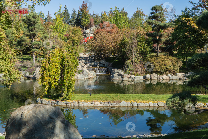 Скачать Краснодарский "Японский сад". Большой водопад Отаки. Перед водопадом находится традиционный японский красный мост, ведущий к пагоде Тахото. Вода течет по каменистому руслу искусственной реки в Зеркальное озеро. фотосток Ozero