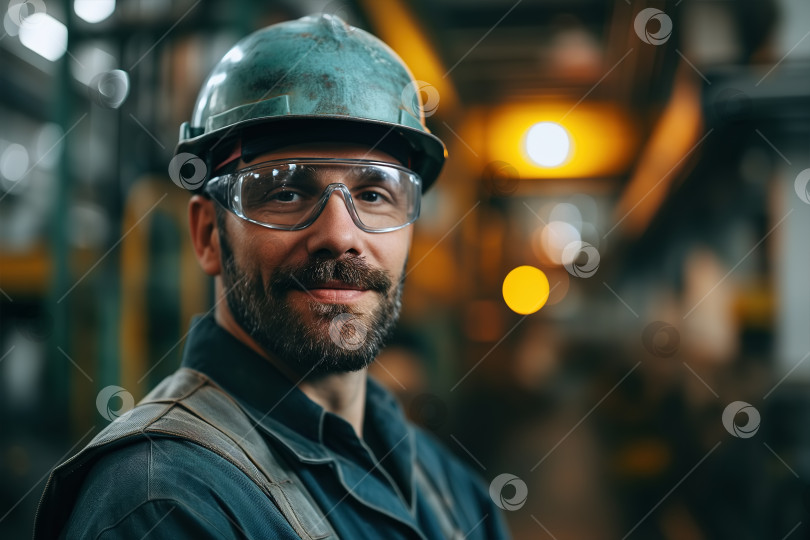 Скачать Тяжелая промышленность, взрослый мужчина белой расы в защитном шлеме и очках, работающий на сталелитейном заводе и смотрящий в камеру фотосток Ozero