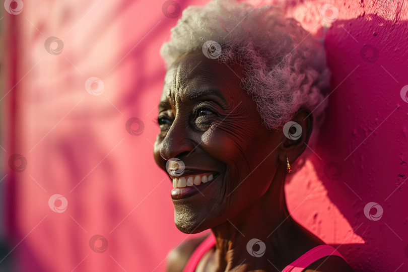 Скачать Портрет счастливой активной жизнерадостной пожилой афроамериканки, стоящей на фоне розовой стены на открытом воздухе, стиль жизни фотосток Ozero