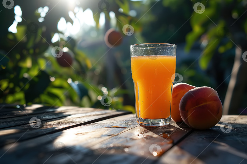 Скачать Свежий персиковый сок на деревянном столе на фоне фруктового сада солнечным летним днем фотосток Ozero