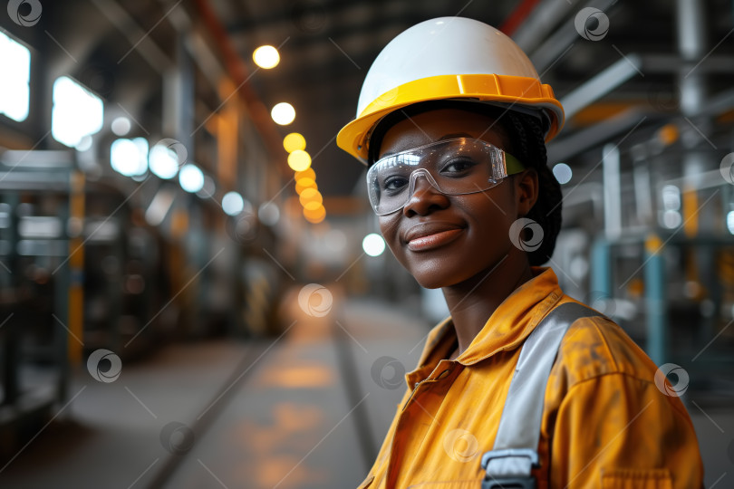 Скачать Портрет афроамериканки-работницы в спецодежде на заводе по производству стали, копия space. Улыбающаяся симпатичная женщина в защитном шлеме и защитных очках, стоящая на заводе тяжелой промышленности и смотрящая в камеру фотосток Ozero