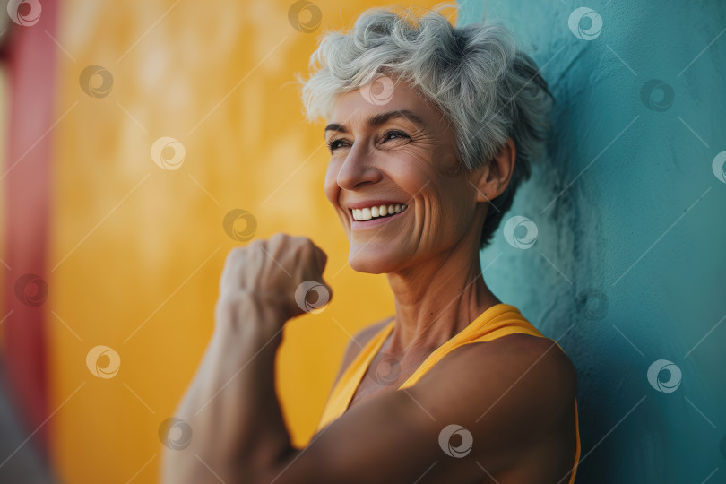 Скачать Пожилые люди и активный спортивный образ жизни. Портрет счастливой жизнерадостной пожилой женщины-спортсменки, позирующей на фоне цветной стены на открытом воздухе и смотрящей в сторону фотосток Ozero