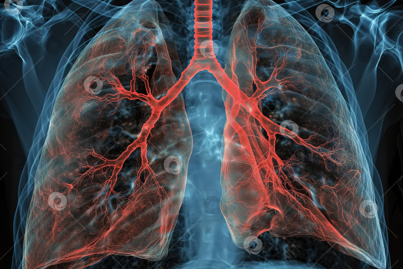 Скачать Рентгеновский снимок легких человека крупным планом с красными прожилками, вид спереди фотосток Ozero