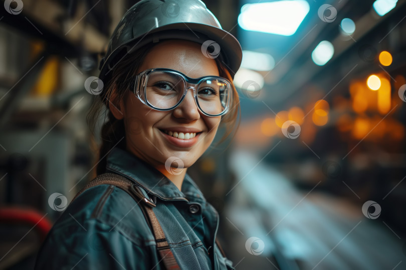 Скачать Счастливая работница кавказской национальности в спецодежде на заводе тяжелой промышленности, улыбающаяся позитивная женщина в защитном шлеме и защитных очках, стоящая на производстве фотосток Ozero