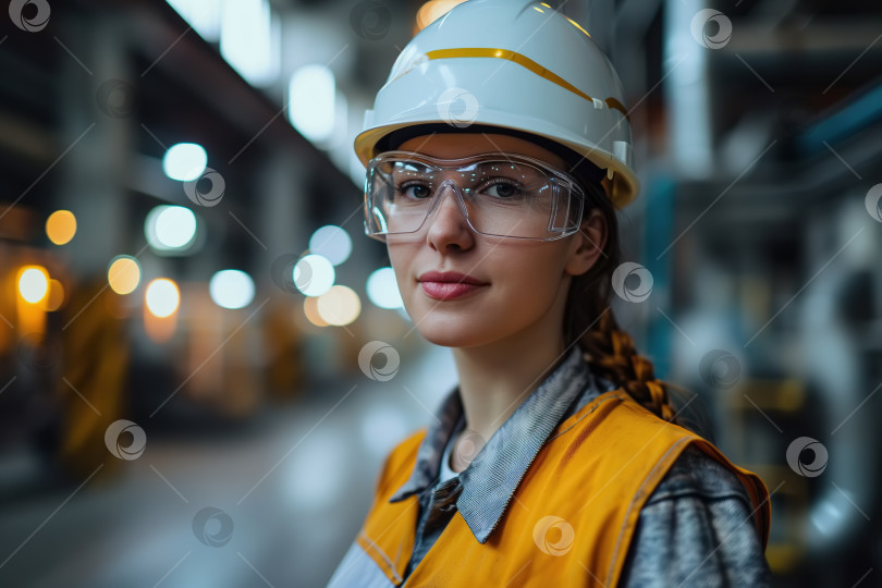 Скачать Портрет молодой женщины кавказской внешности, работающей в спецодежде на современном заводе тяжелой промышленности фотосток Ozero