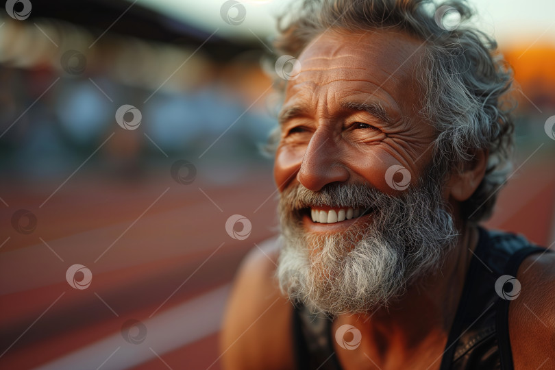 Скачать Пожилые люди и спорт, счастливый жизнерадостный пожилой мужчина-спортсмен тренируется на стадионе на открытом воздухе солнечным утром фотосток Ozero