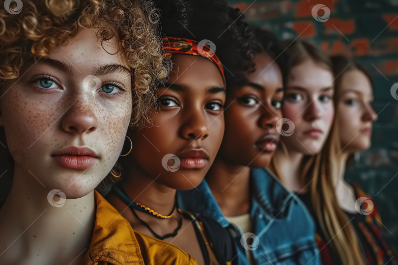 Скачать Расовое разнообразие, дружба. Девушки кавказской и афроамериканской национальностей смотрят в камеру, группа людей, молодежь фотосток Ozero