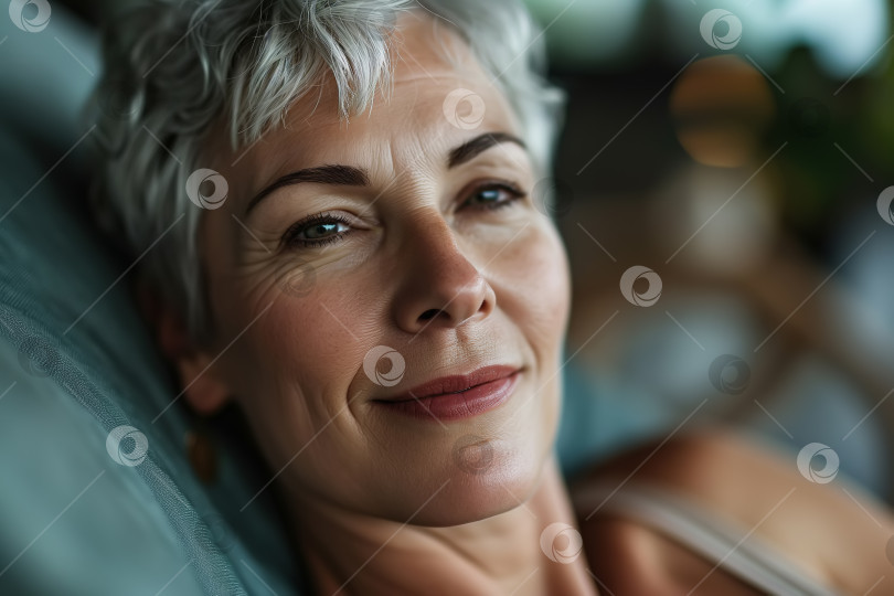 Скачать Портрет пожилой женщины крупным планом, отдыхающей, лежа на подушке в помещении и глядя в камеру фотосток Ozero
