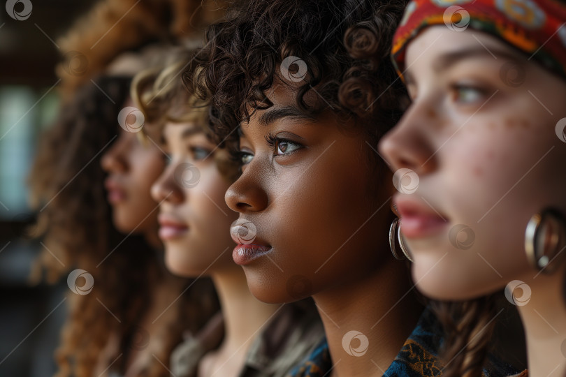 Скачать Портретный вид сбоку, профили группы людей, подружек молодежи. Расовое разнообразие фотосток Ozero