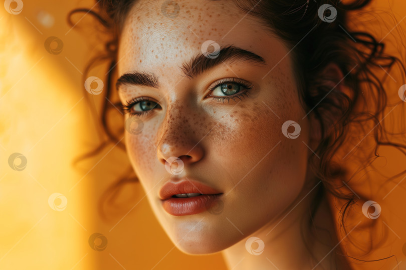 Скачать Женская красота, портрет молодой красивой кавказской брюнетки с веснушками на желтом фоне, смотрящей в камеру фотосток Ozero