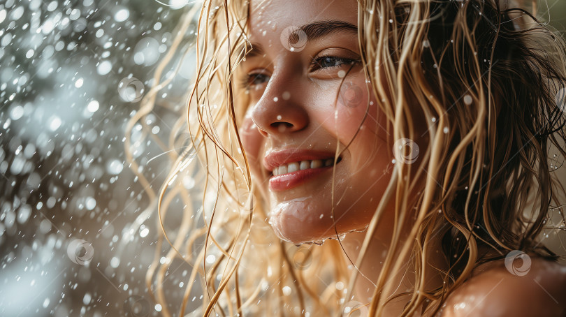 Скачать Счастливая молодая женщина, наслаждающаяся принятием душа, личной женской гигиеной. Портрет красивой мокрой женщины в ванной фотосток Ozero
