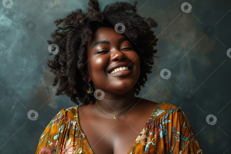 Скачать Индивидуальность, женственность, счастливая афроамериканка большого размера в платье на сером фоне фотосток Ozero