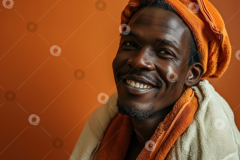 Скачать Позитивный смеющийся красивый взрослый афроамериканец с полотенцами на голове и теле на оранжевом фоне, мужская гигиена фотосток Ozero
