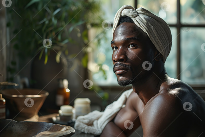 Скачать Мужчина в ванной заботится о своей коже и теле. Красивый афроамериканец с полотенцем на голове сидит у раковины фотосток Ozero