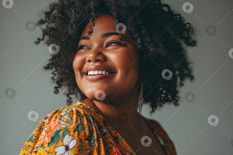 Скачать Счастливая афроамериканка большого размера на сером фоне. Портрет позитивной пухленькой женщины с вьющейся прической в стиле афро фотосток Ozero