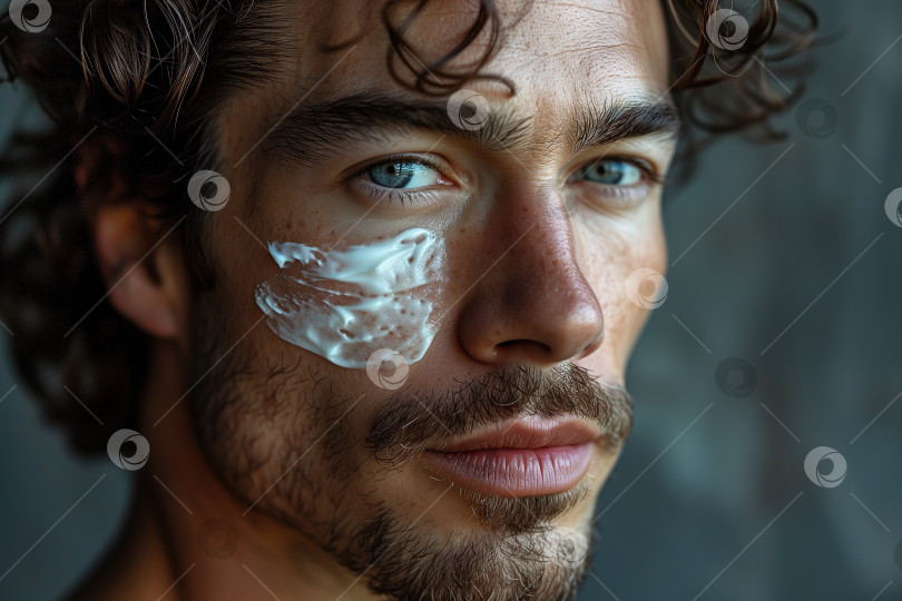 Скачать Мужская косметика по уходу за кожей, портрет красивого молодого кавказца с увлажняющим кремом на лице, смотрящего в камеру фотосток Ozero