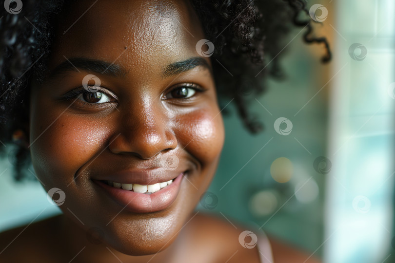 Скачать Женственность, принятие себя. Портрет радостной полной молодой женщины-афроамериканки, смотрящей в камеру, стоя в помещении у себя дома фотосток Ozero